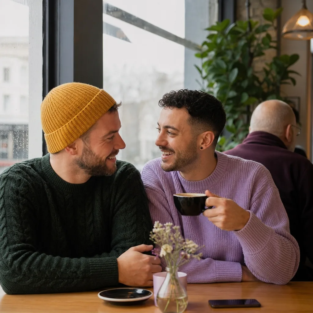 Gay couple walking through Rochdale town centre