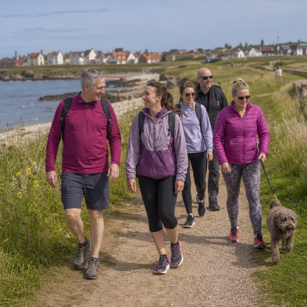 Walkers talking on a coastal path near North Berwick