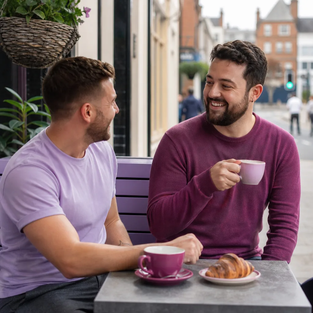 Two men having coffee at a public café in Rochdale