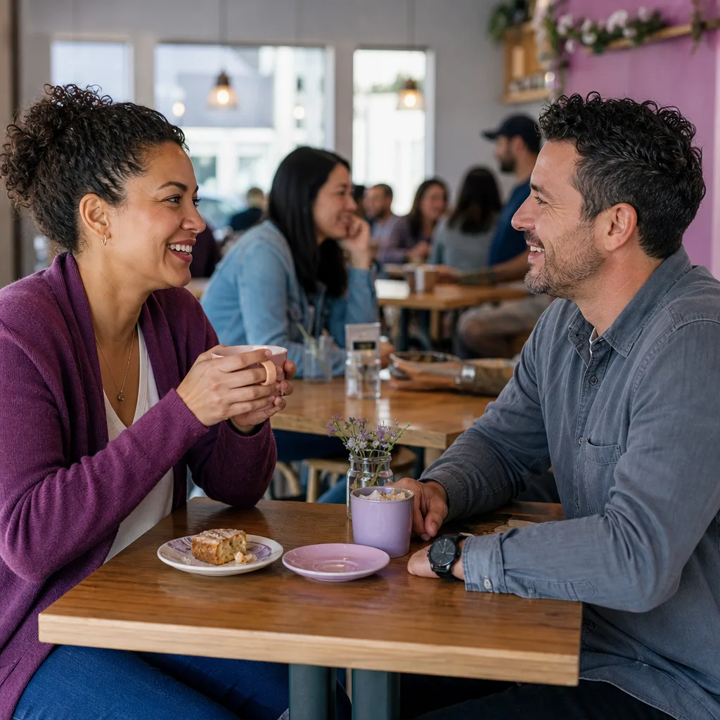 Two adults meeting at a busy café in Musselburgh